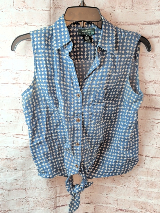 Lauren Ralph Lauren Tops - Lauren Ralph Lauren Blue Sleeveless Button-Front Tie-Hem Top Small Like New